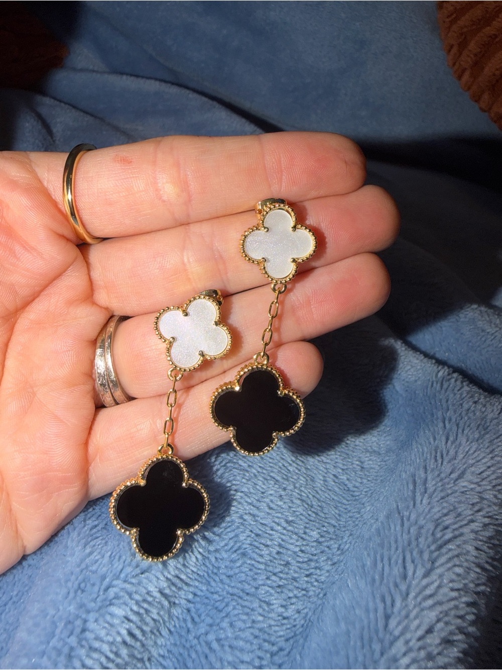 Gold Clover Drop Earrings with Black and White Accents